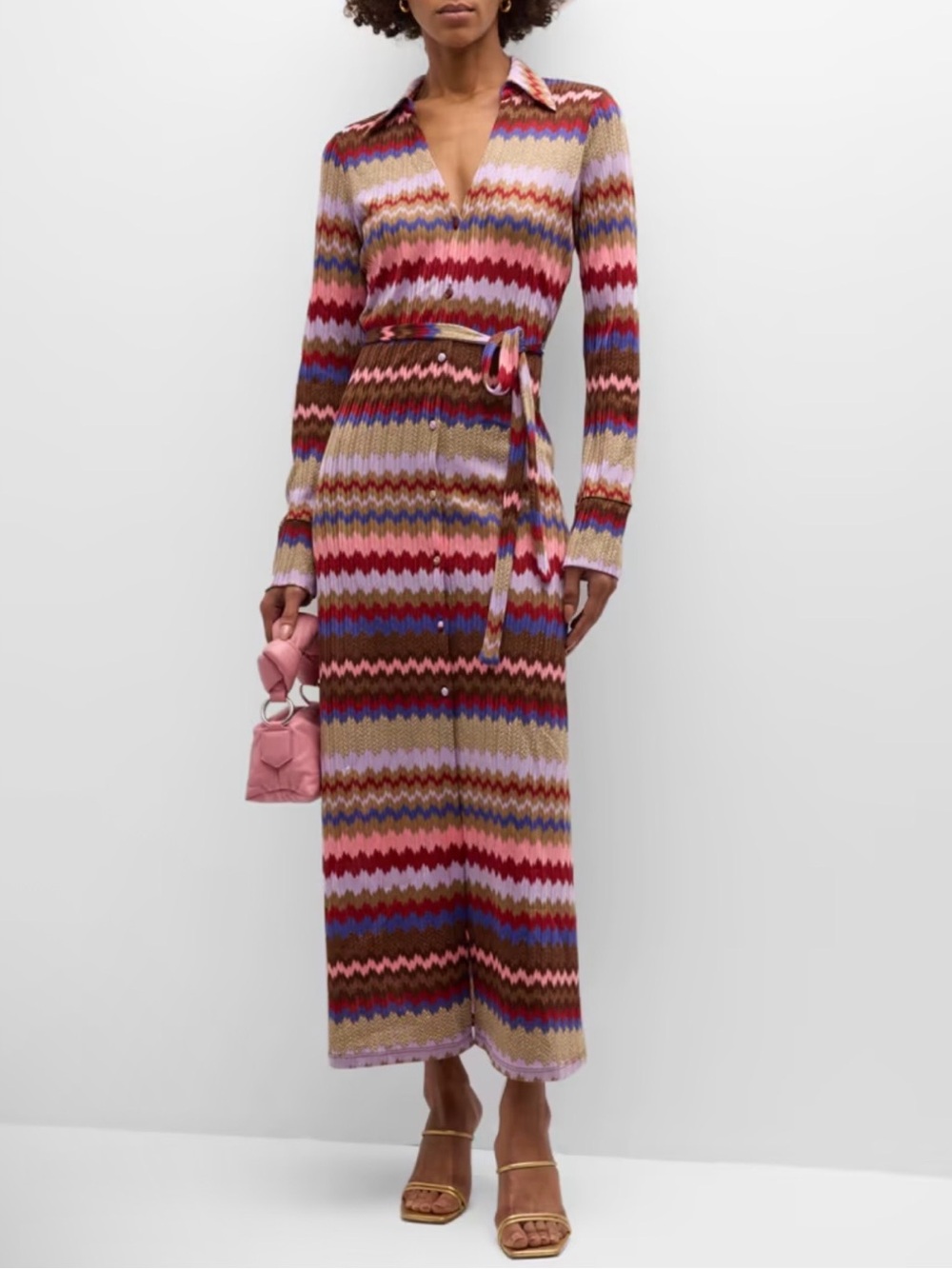 Ramy Brook Galilea Chevron Metallic Knit Maxi Shirtdress S $495 NWOT